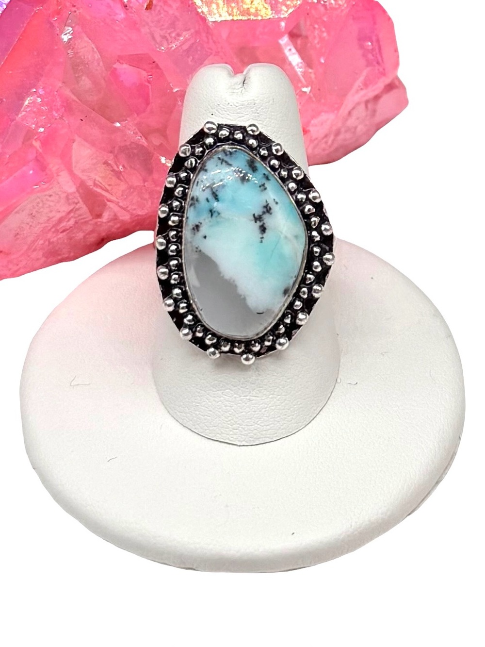 Marine Blue Dendritic Opal Ring Size 9 925 Sterling Silver Overlay